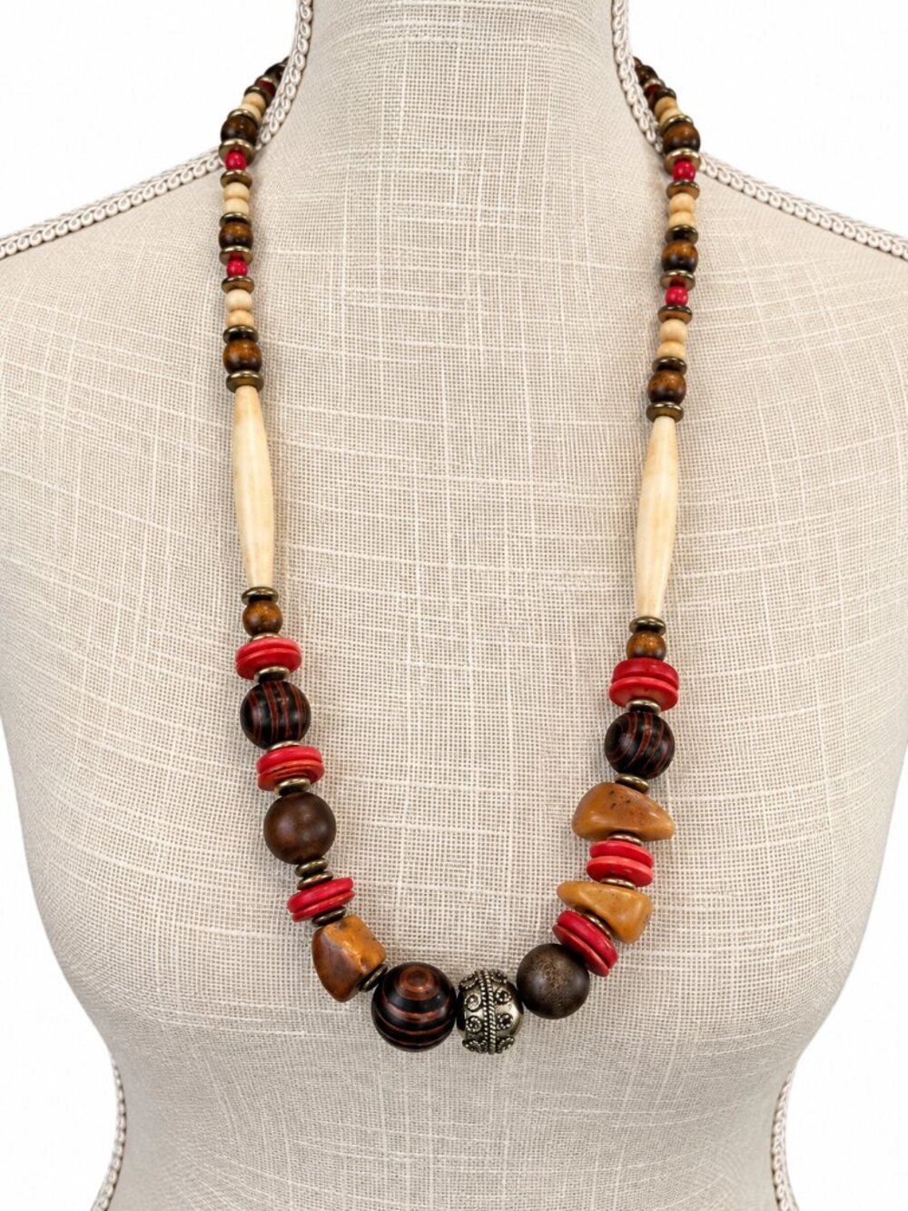 Mixed Material Boho Necklace Bone Wood Yellow Jasper 26"